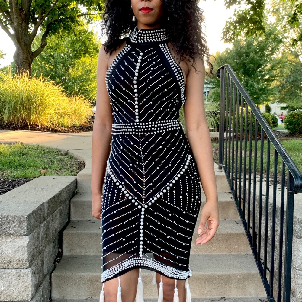 Beaded Pearl and Rhinestone Bandage Dress